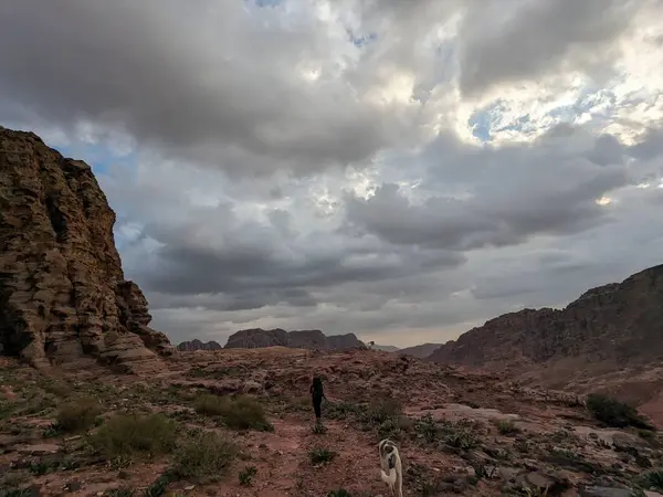 Ürdün Patikası Dana Vadisi 'nden Petra' ya ve Wadi Rum.Wadi Rum Çölü 'ne, Ürdün. Kızıl çöl ve Jabal Al Qattar dağları, Arabistan
