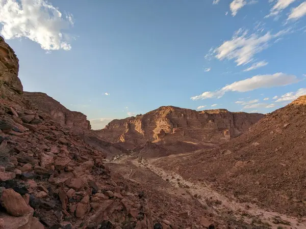 Ürdün Patikası Dana Vadisi 'nden Petra' ya ve Wadi Rum.Wadi Rum Çölü 'ne, Ürdün. Kızıl çöl ve Jabal Al Qattar dağları, Arabistan