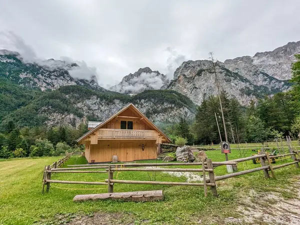 Slovenya 'daki Logar Vadisi' nde manzaralı dağlar, ahşap yerel kulübeler ve geleneksel alp çiftlikleri var..