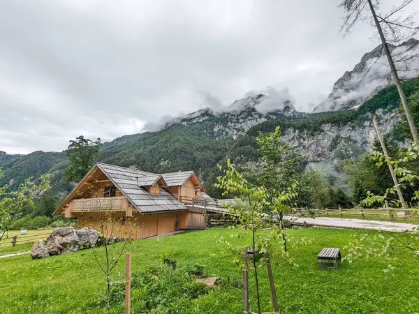 Slovenya 'daki Logar Vadisi' nde manzaralı dağlar, ahşap yerel kulübeler ve geleneksel alp çiftlikleri var..