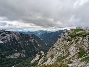 Sloven Alplerinin tepelerinin bulutlarla kaplı olduğu Logarska Dolina Vadisi 'nin panoramik manzarası.