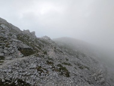 Sloven Alplerinin tepelerinin bulutlarla kaplı olduğu Logarska Dolina Vadisi 'nin panoramik manzarası.
