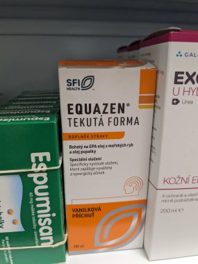 Prag, Çek Cumhuriyeti-6 Mayıs 2025: Equazen SFI omega takviyesi ve bilişsel sağlık için DHA yağ asitleri