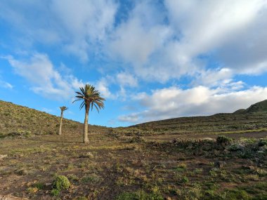 Lanzarote, Kanarya Adaları 'ndaki volkanik dağ manzarası dramatik arazileri ve kurak doğal güzellikleri gösteriyor.