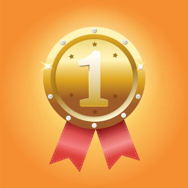 Kırmızı kurdeleli altın gibi bir ödül. Yarışmanın galibi. Zafer madalyası. Bir numara. Şampiyon ödülü. Vektör illüstrasyonu.
