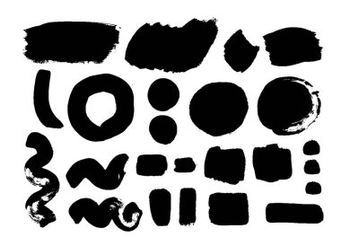 Elle yapılan akrilik, gerçek akışkan darbelerle yapılan vuruşlar çeşitli şekiller oluşturur; şeffaf arkaplan ile siyah renkte vektörleştirilmiş vuruşlar