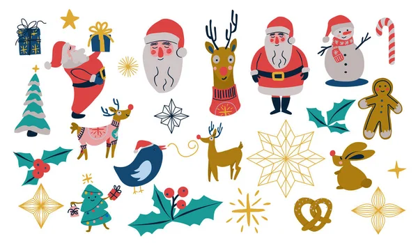 Verzameling Van Gevectoriseerde Kerst Decoratieve Elementen Met Kerstman Kerstboom Sterren — Stockvector