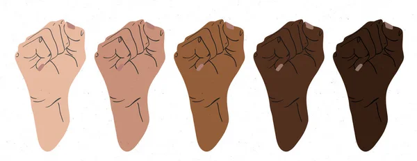 一组凸起的袖口的说明 各种肤色的拳头 多样性 伙伴关系 奋斗的概念 — 图库矢量图片