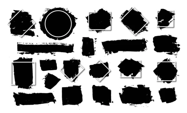 白いフレームを持つ様々な形状やテクスチャを持つベクトルストローク 実際の手作りのストロークのコレクション 黒で円形の形状 スプレーテクスチャ ブラシストロークや水彩画 — ストックベクタ