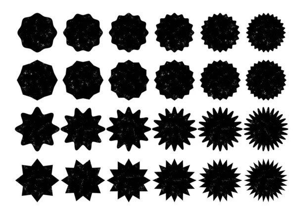 一套透明的星形 黑色和黑色质感 促销或打折贴纸 有不同数量射线的恒星 有圆点和尖点顶点 — 图库矢量图片