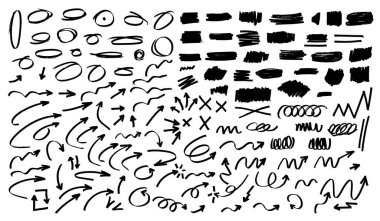 Huge pack of marker marks in various shapes. Round calligraphic shapes, bubble-shaped, bubble-shaped, design resource with real loose and energetic strokes clipart