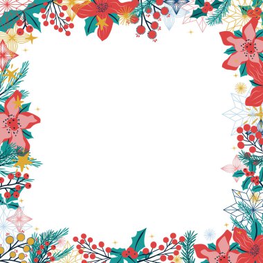 Noel motifli dekoratif çerçeve. Vektör elementlerle çerçevelenmiş. Geçmiş için vektör illüstrasyon kavramı, tebrik kartı, parti davetiye kartı, afiş.