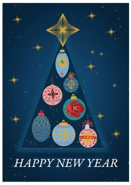 Noel ağacı ve Noel topları vektör formatında olan bir Noel kartı kaynağı. Yeni yıl tebrik kartı tasarımı ve noel ağacı. Noel kaynağı