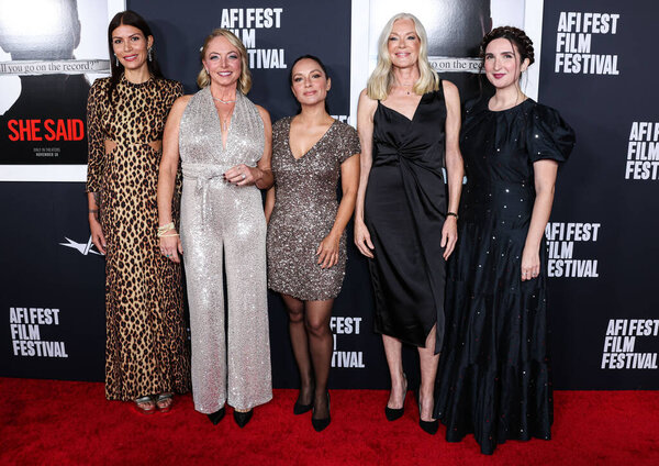 Dawn Dunning, Louisette Geiss, Larissa Gomes, Caitlin Dulany and Sarah Ann Masse arrive at the 2022 AFI Fest - Special Screening Of Universal Pictures' 'She Said' held at the TCL Chinese Theatre IMAX on November 4, 2022 in Hollywood, Los Angeles