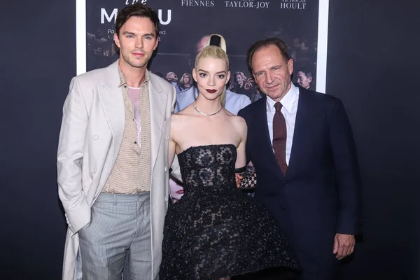 stock image English actor Nicholas Hoult, American-Argentine-British actress Anya Taylor-Joy and English actor Ralph Fiennes arrive at the New York Premiere Of Searchlight Pictures' 'The Menu' held at the AMC Lincoln Square 13 Theater on November 14, 2022 