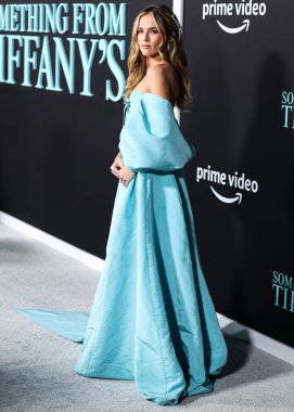 Tiffany ve Co. mücevher ile Tiffany mavi Carolina Herrera elbisesi giyen Amerikalı aktris Zoey Deutch, 29 Kasım 2022 'de Los Angeles' taki AMC Century City 15 'te düzenlenen Amazon Prime Video' un 