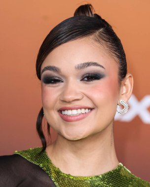 American actress Madison Bailey arrives at the Los Angeles Premiere Of Netflix's 'Outer Banks' Season 3 held at the Regency Village Theatre on February 16, 2023 in Westwood, Los Angeles, California, United States. 