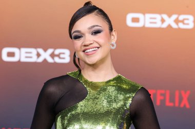 American actress Madison Bailey arrives at the Los Angeles Premiere Of Netflix's 'Outer Banks' Season 3 held at the Regency Village Theatre on February 16, 2023 in Westwood, Los Angeles, California, United States. 