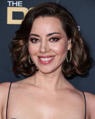 American actress Aubrey Plaza wearing Miu Miu and Just Desi jewelry arrives at the 75th Annual Directors Guild Of America (DGA) Awards held at The Beverly Hilton Hotel on February 18, 2023 in Beverly Hills, Los Angeles, California, United States. 