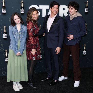 Ruby Marino, Erica Oyama, Ken Marino and Riley Marino arrive at the Los Angeles Premiere Of STARZ's 'Party Down' Season 3 held at the Regency Bruin Theatre on February 22, 2023 in Westwood, Los Angeles, California, United States.