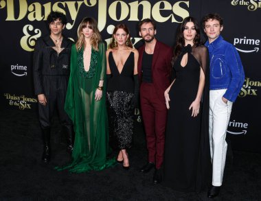 Sebastian Chacon, Suki Waterhouse, Riley Keough, Sam Claflin, Camila Morrone and Josh Whitehouse arrive at the Los Angeles Premiere Of Amazon Prime Video's 'Daisy Jones & The Six' Season 1 held at the TCL Chinese Theatre IMAX on February 23, 2023 