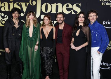 Sebastian Chacon, Suki Waterhouse, Riley Keough, Sam Claflin, Camila Morrone and Josh Whitehouse arrive at the Los Angeles Premiere Of Amazon Prime Video's 'Daisy Jones & The Six' Season 1 held at the TCL Chinese Theatre IMAX on February 23, 2023 