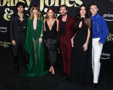 Sebastian Chacon, Suki Waterhouse, Riley Keough, Sam Claflin, Camila Morrone and Josh Whitehouse arrive at the Los Angeles Premiere Of Amazon Prime Video's 'Daisy Jones & The Six' Season 1 held at the TCL Chinese Theatre IMAX on February 23, 2023 
