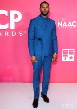 J. Alphonse Nicholson poses in the press room at the 54th Annual NAACP Image Awards held at the Pasadena Civic Auditorium on February 25, 2023 in Pasadena, Los Angeles, California, United States.