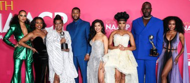 Winners of the Outstanding Drama Series award for 'P-Valley' pose in the press room at the 54th Annual NAACP Image Awards held at the Pasadena Civic Auditorium on February 25, 2023 in Pasadena, Los Angeles, California, United States.
