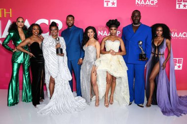 Winners of the Outstanding Drama Series award for 'P-Valley' pose in the press room at the 54th Annual NAACP Image Awards held at the Pasadena Civic Auditorium on February 25, 2023 in Pasadena, Los Angeles, California, United States.