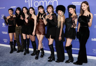 Jihyo, Momo, Mina, Dahyun, Nayeon, Jeongyeon, Chaeyoung, Sana and Tzuyu of TWICE arrive at the 2023 Billboard Women In Music held at the YouTube Theater on March 1, 2023 in Inglewood, Los Angeles, California, United States.