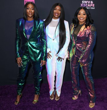 Cheryl 'Coko' Gamble, Tamara 'Taj' George and Leanne 'Lelee' Lyons arrive at Bravo's 'SWV & Xscape: The Queens of R&B' Season 1 Press Event held at The Aster on March 2, 2023 in Hollywood, Los Angeles, California, United States. 