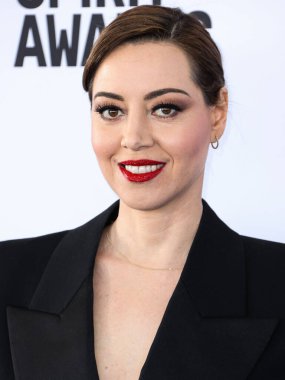 Aubrey Plaza wearing Saint Laurent arrives at the 2023 Film Independent Spirit Awards held at the Santa Monica Beach on March 4, 2023 in Santa Monica, Los Angeles, California, United States.