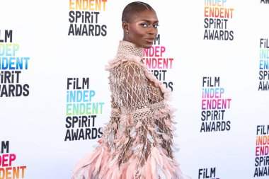 Jodie Turner-Smith wearing an Elie Saab Haute Couture dress and Anita Ko jewelry arrives at the 2023 Film Independent Spirit Awards held at the Santa Monica Beach on March 4, 2023 in Santa Monica, Los Angeles, California, United States. 