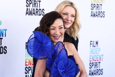 Michelle Yeoh and Cate Blanchett arrive at the 2023 Film Independent Spirit Awards held at the Santa Monica Beach on March 4, 2023 in Santa Monica, Los Angeles, California, United States. 