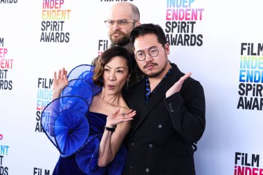 Michelle Yeoh, Daniel Scheinert and Dan Kwan arrive at the 2023 Film Independent Spirit Awards held at the Santa Monica Beach on March 4, 2023 in Santa Monica, Los Angeles, California, United States. 