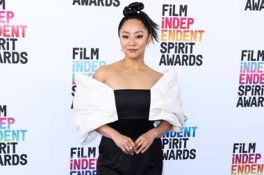 Stephanie Hsu wearing a Khoon Hoi dress and Delfina Delettrez jewelry arrives at the 2023 Film Independent Spirit Awards held at the Santa Monica Beach on March 4, 2023 in Santa Monica, Los Angeles, California, United States. 