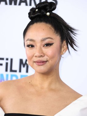 Stephanie Hsu wearing a Khoon Hoi dress and Delfina Delettrez jewelry arrives at the 2023 Film Independent Spirit Awards held at the Santa Monica Beach on March 4, 2023 in Santa Monica, Los Angeles, California, United States. 