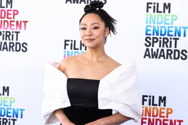 Stephanie Hsu wearing a Khoon Hoi dress and Delfina Delettrez jewelry arrives at the 2023 Film Independent Spirit Awards held at the Santa Monica Beach on March 4, 2023 in Santa Monica, Los Angeles, California, United States. 