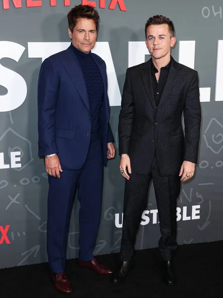 Stock image Rob Lowe and son John Owen Lowe arrive at the Los Angeles Premiere Of Netflix's 'Unstable' Season 1 held at the Netflix Tudum Theater on March 23, 2023 in Hollywood, Los Angeles, California, United States. 