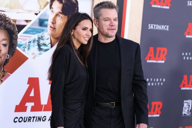 Luciana Barroso and husband Matt Damon arrive at the World Premiere Of Amazon Studios' And Skydance Media's 'Air' held at the Regency Village Theatre on March 27, 2023 in Westwood, Los Angeles, California, United States. clipart