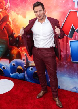 American actor Chris Pratt arrives at the Los Angeles Special Screening Of Universal Pictures, Nintendo And Illumination Entertainment's 'The Super Mario Bros. Movie' held at the Regal Cinemas LA Live & 4DX Movie on April 1, 2023 in Los Angeles, USA clipart