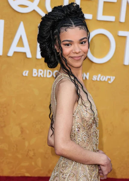 stock image English actress India Amarteifio arrives at the World Premiere Screening Event Of Netflix's 'Queen Charlotte: A Bridgerton Story' Season 1 held at the Regency Village Theatre on April 26, 2023 in Westwood, Los Angeles, California, United States.