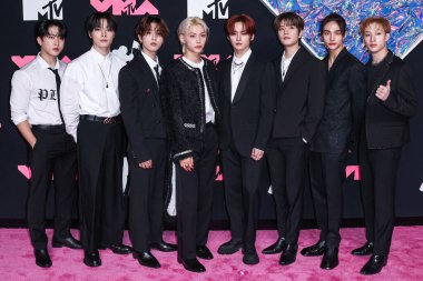 Stray Kids 'ten Changbin, I.N, Han, Felix, Lee Know, Seungmin, Hyunjin ve Bang Chan 12 Eylül 2023' te Newark, New Jersey, ABD 'deki Prudential Center' da düzenlenen 2023 MTV Video Müzik Ödülleri 'ne geldiler..