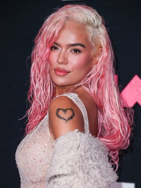 Karol G wearing Jacob and Co. jewelry arrives at the 2023 MTV Video Music Awards held at the Prudential Center on September 12, 2023 in Newark, New Jersey, United States.