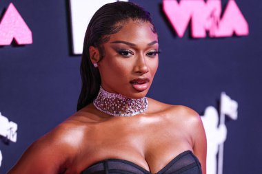 Megan Thee Stallion wearing a Brandon Blackwood dress and Jacob and Co. jewelry arrives at the 2023 MTV Video Music Awards held at the Prudential Center on September 12, 2023 in Newark, New Jersey, United States.