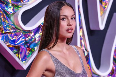 Olivia Rodrigo wearing a custom Ludovic de Saint Sernin dress made with 150,000 Swarovski crystals arrives at the 2023 MTV Video Music Awards held at the Prudential Center on September 12, 2023 in Newark, New Jersey, United States.