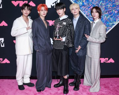 Taehyun, Yeonjun, Soobin, HueningKai and Beomgyu of Tomorrow X Together arrive at the 2023 MTV Video Music Awards held at the Prudential Center on September 12, 2023 in Newark, New Jersey, United States.