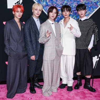 Yeonjun, HueningKai, Beomgyu, Taehyun and Soobin of Tomorrow X Together arrive at the 2023 MTV Video Music Awards held at the Prudential Center on September 12, 2023 in Newark, New Jersey, United States.