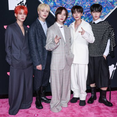 Yeonjun, HueningKai, Beomgyu, Taehyun and Soobin of Tomorrow X Together arrive at the 2023 MTV Video Music Awards held at the Prudential Center on September 12, 2023 in Newark, New Jersey, United States.